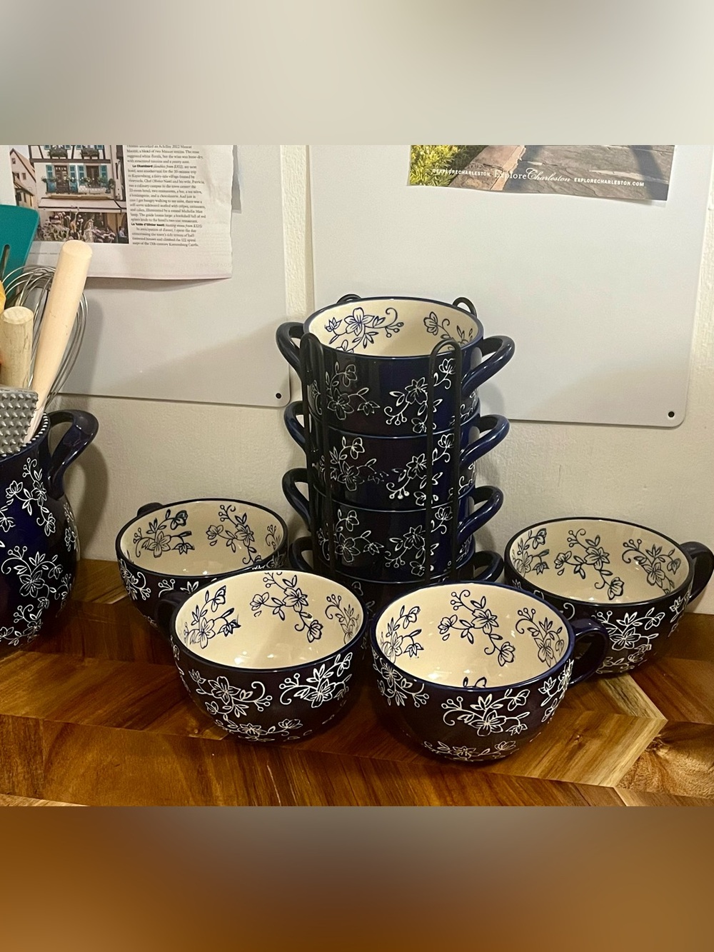 Temp-tations Floral Lace Blue Set of 8 Handled Soup Bowls with Metal Rack